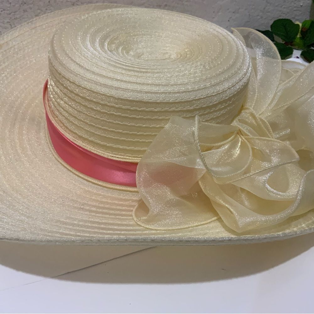 FORBUSITE Yellow and pink ribbon Lady Dress Hat Straw